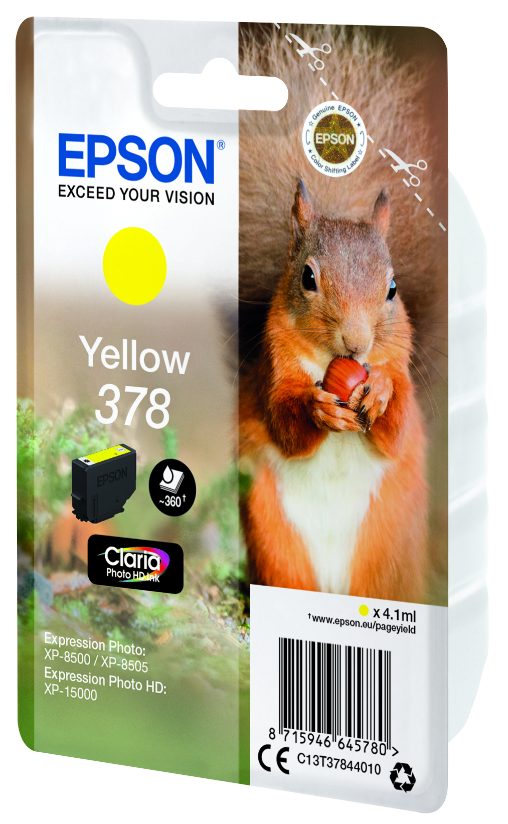 Opakowanie wkładu atramentowego Epson Yellow 378. Żółty wkład atramentowy obok wiewiórki trzymającej orzech.