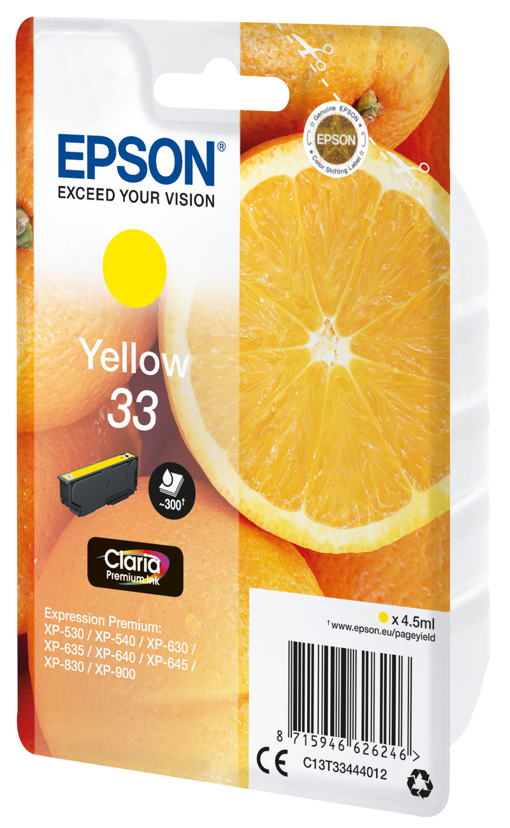 Gele inktcartridge. Gele cirkel op de verpakking. Sinaasappel op de achtergrond.