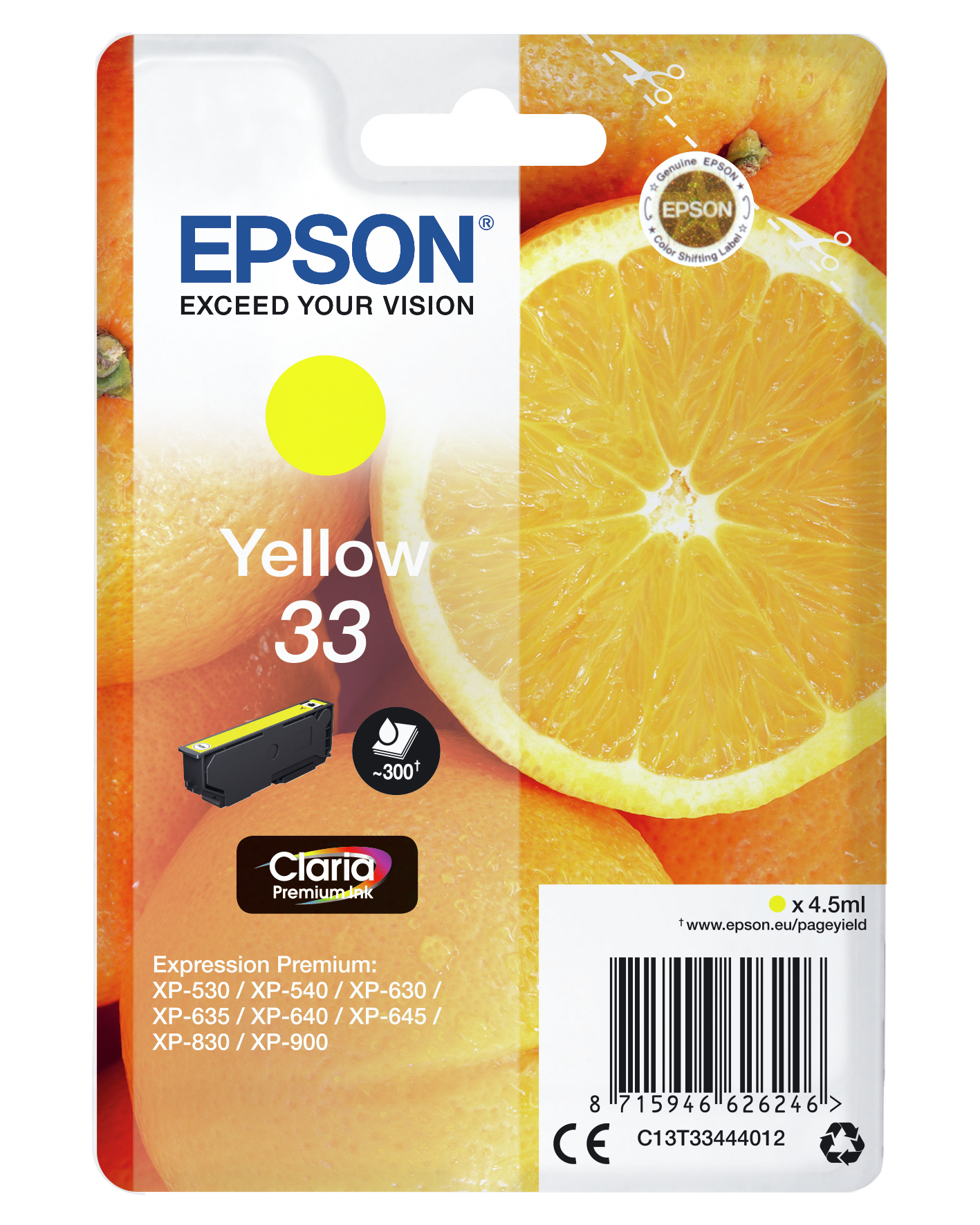 Gele inktcartridge. Gele cirkel op de verpakking. Sinaasappel op de achtergrond.