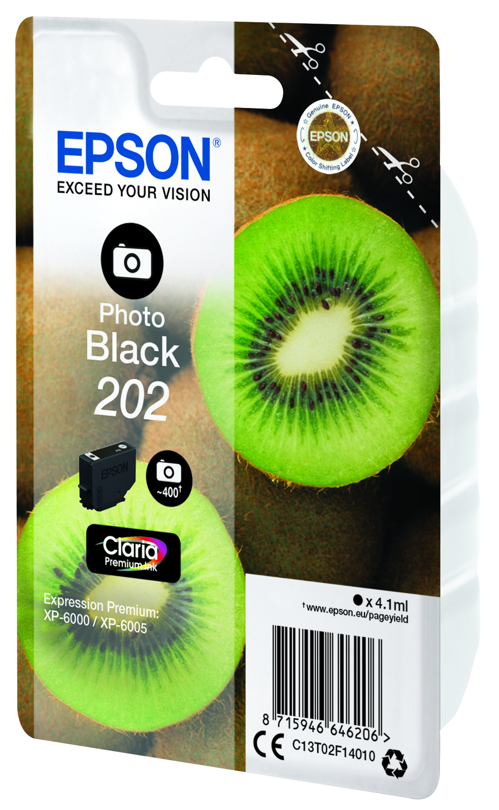 Tinta Epson Photo Black 202, negro, con fondo de kiwi. Incluye Claria Premium Ink e información de rendimiento de páginas.