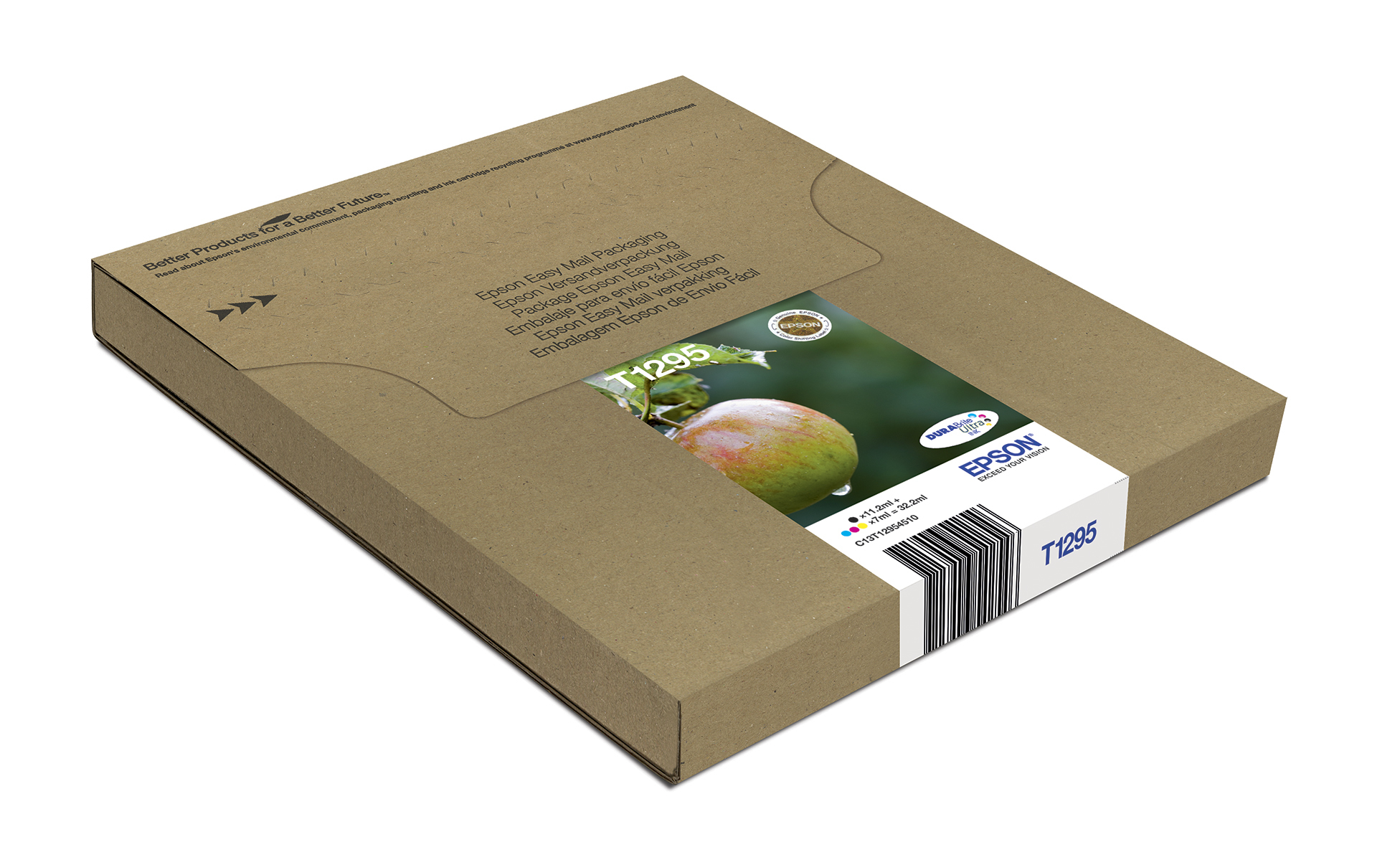 Caja de cartón con etiqueta, con una imagen de un mango con gotas de agua.