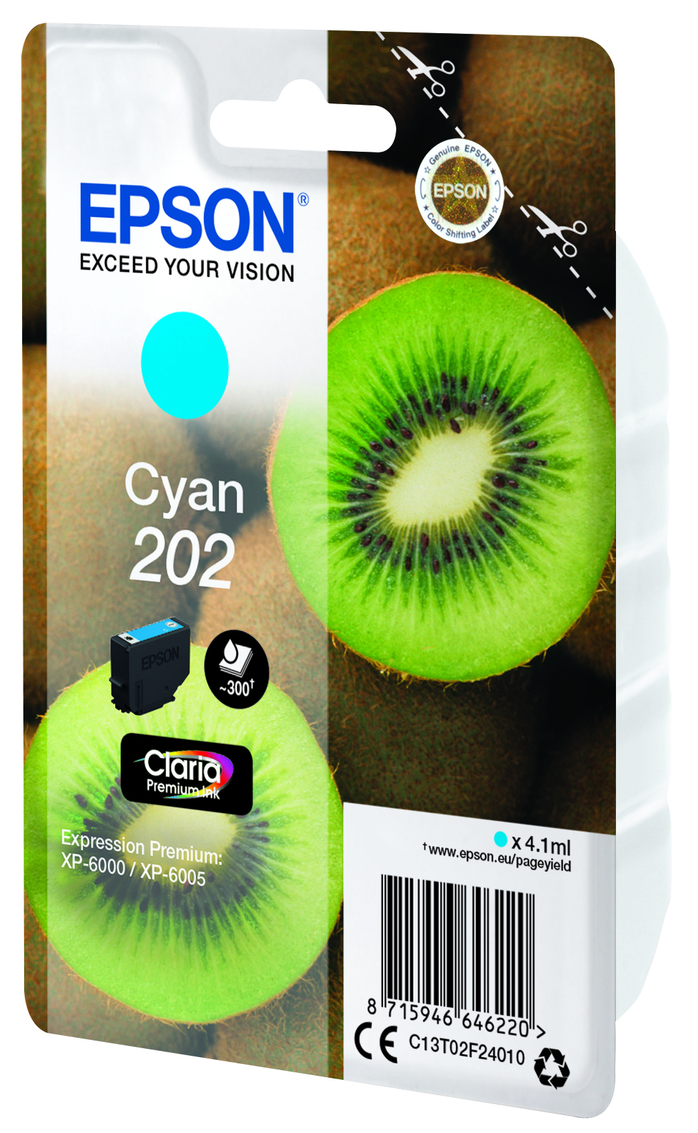 Cartouche d'encre Epson Cyan 202, turquoise, avec fond de kiwi. Inclut Claria Premium Ink et informations sur le rendement.
