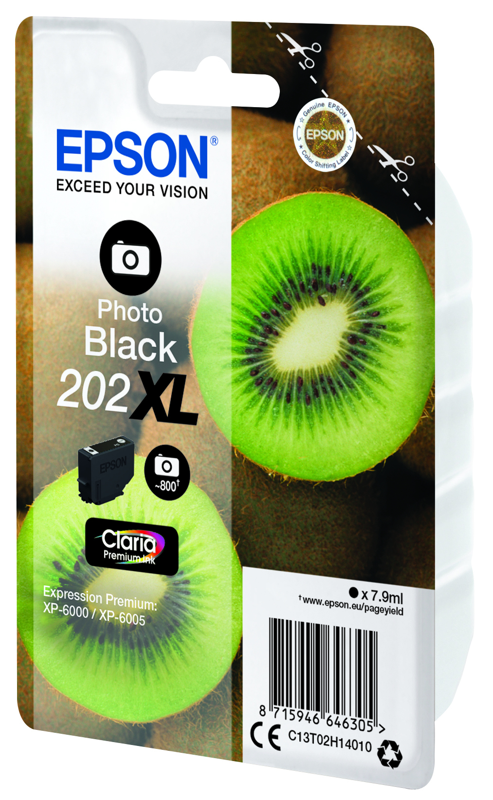 Cartouche d'encre Epson Photo Black 202 XL. Des moitiés de kiwi sont en arrière-plan.