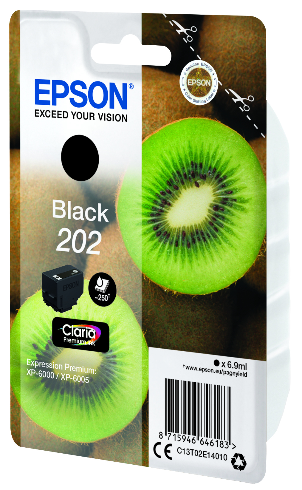 Cartouche d'encre Epson Black 202. Des moitiés de kiwi sont en arrière-plan.