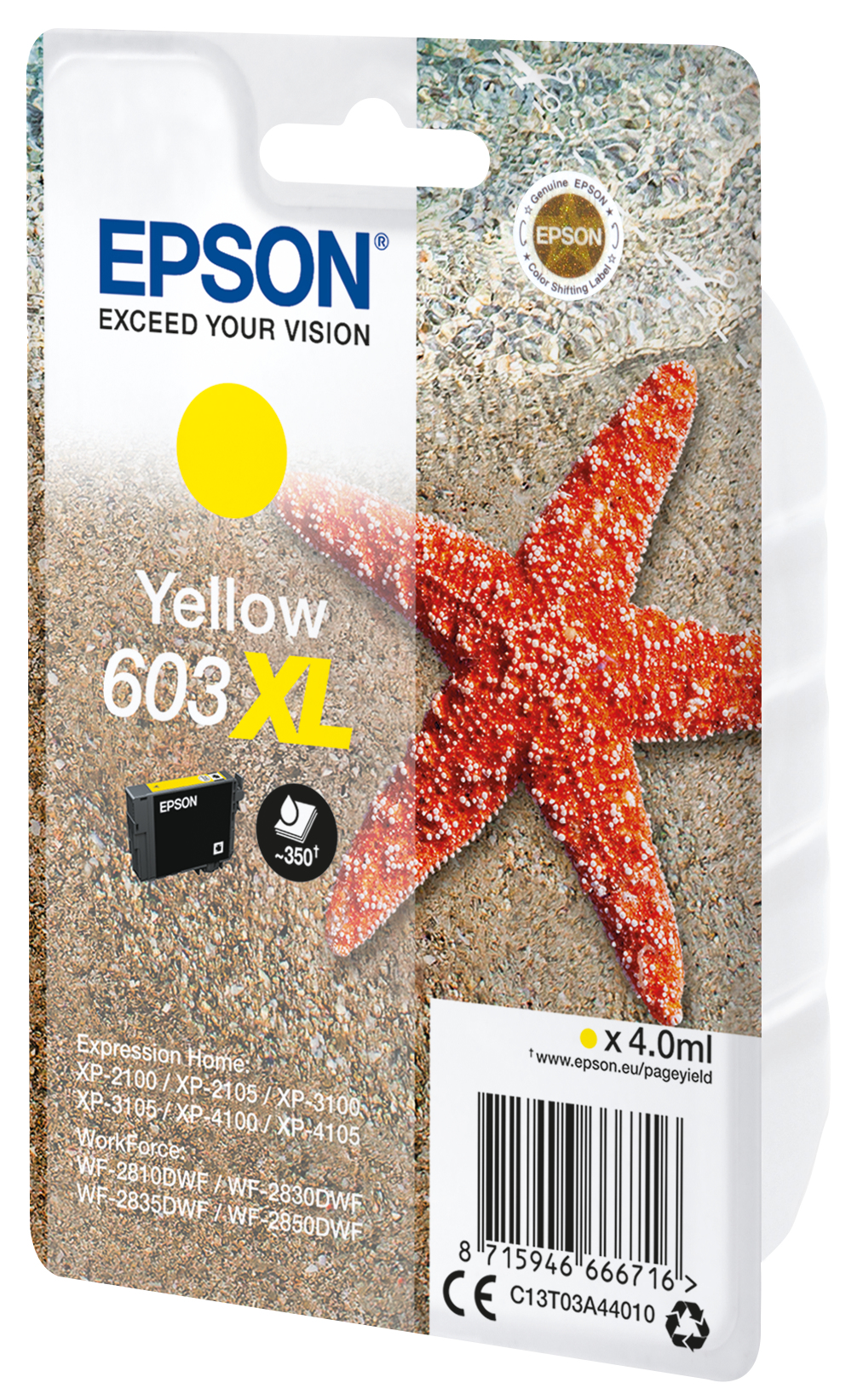 Wkład atramentowy Epson Yellow 603 XL z rozgwiazdą na piaszczystym tle plaży.
