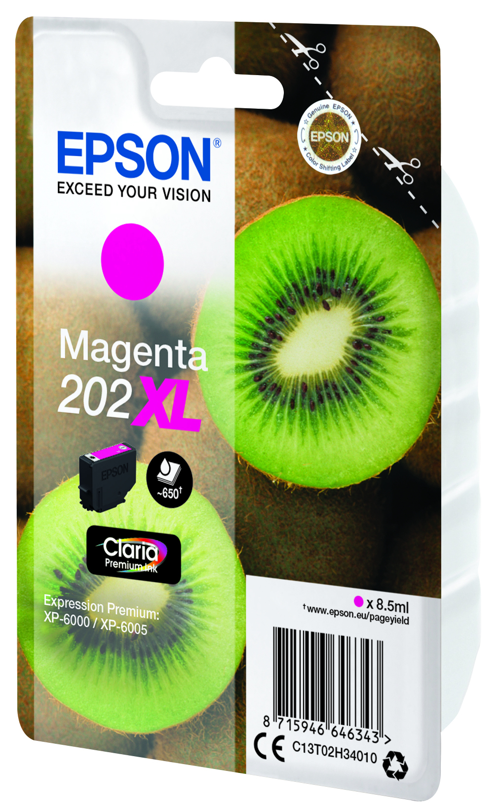 Cartouche d'encre Epson Magenta 202 XL. Des moitiés de kiwi sont en arrière-plan.