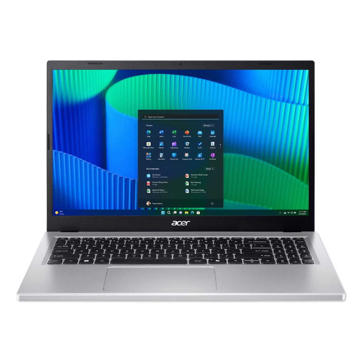 Laptop Acer argentato aperto, mostra desktop Windows con icone app, su sfondo bianco.