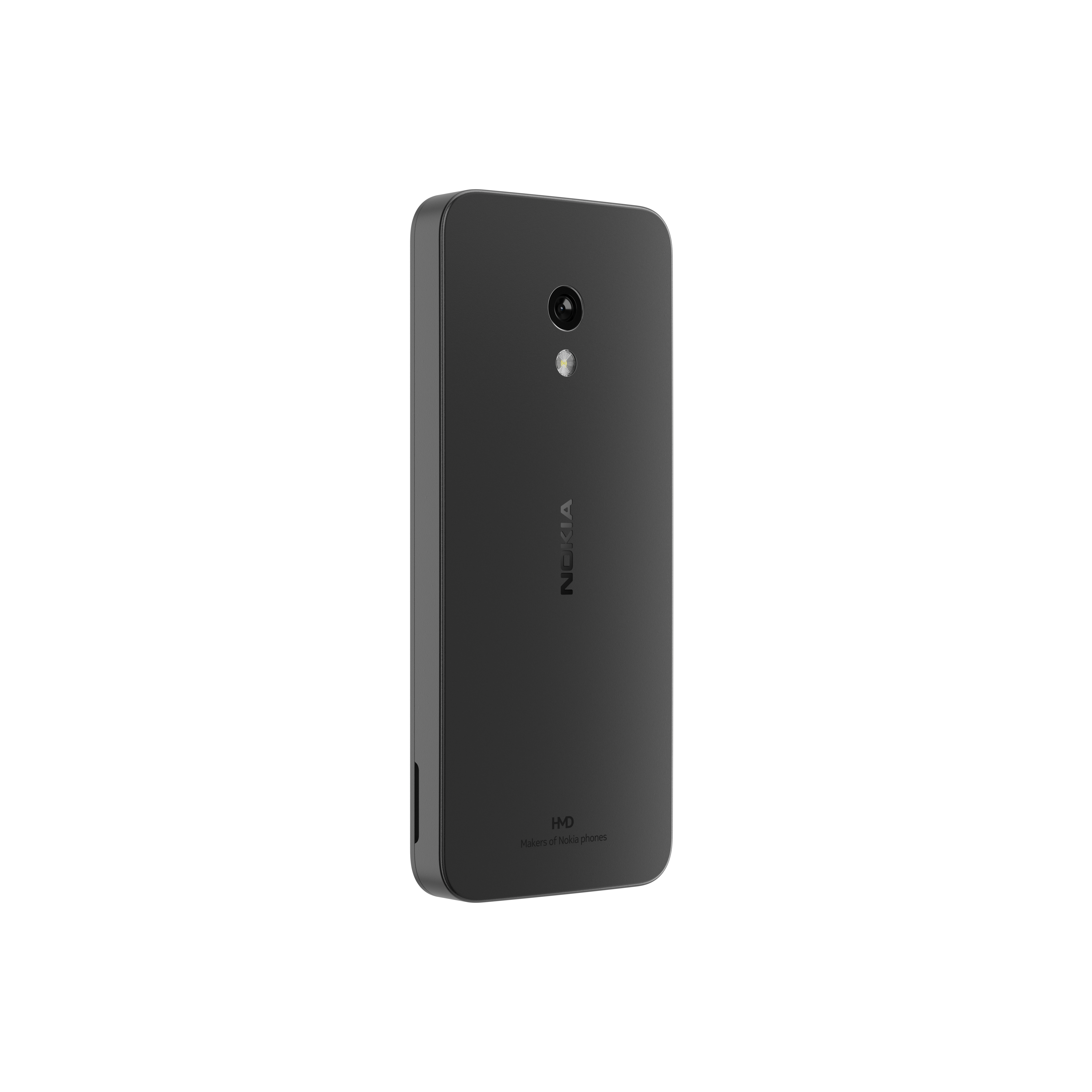 Schwarze Telefonrückseite. Kameraobjektiv und Nokia-Logo zentriert. HMD-Logo unten. Weißer Hintergrund. Seitenansicht.