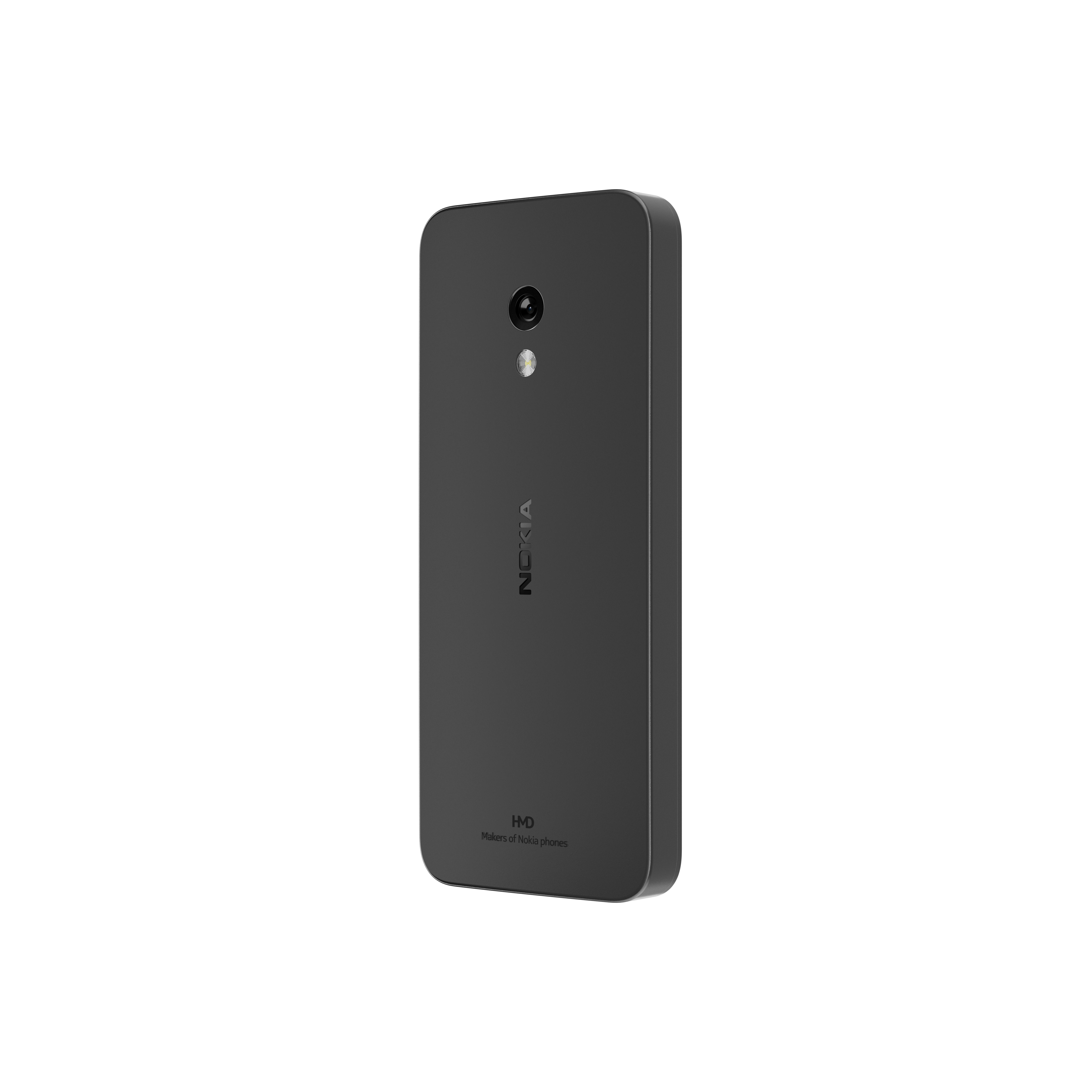 Schwarzes Telefon, Seitenansicht. Kameraobjektiv sichtbar. Nokia-Logo auf der Rückseite. HMD-Logo unten. Weißer Hintergrund.