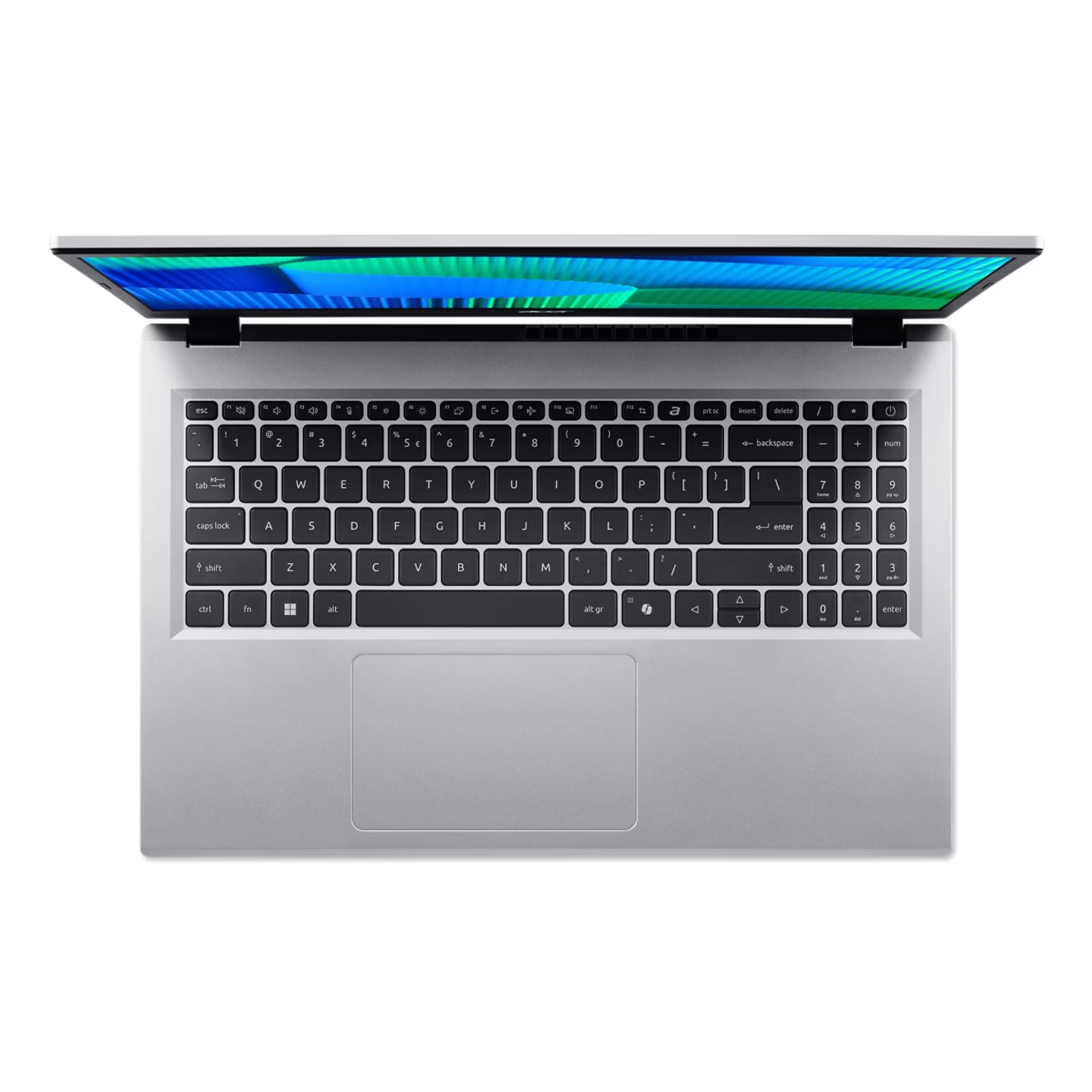 Laptop argento, vista dall'alto, aperto. Tastiera visibile con tasti. Schermo aperto, motivo blu e verde. Sfondo bianco.