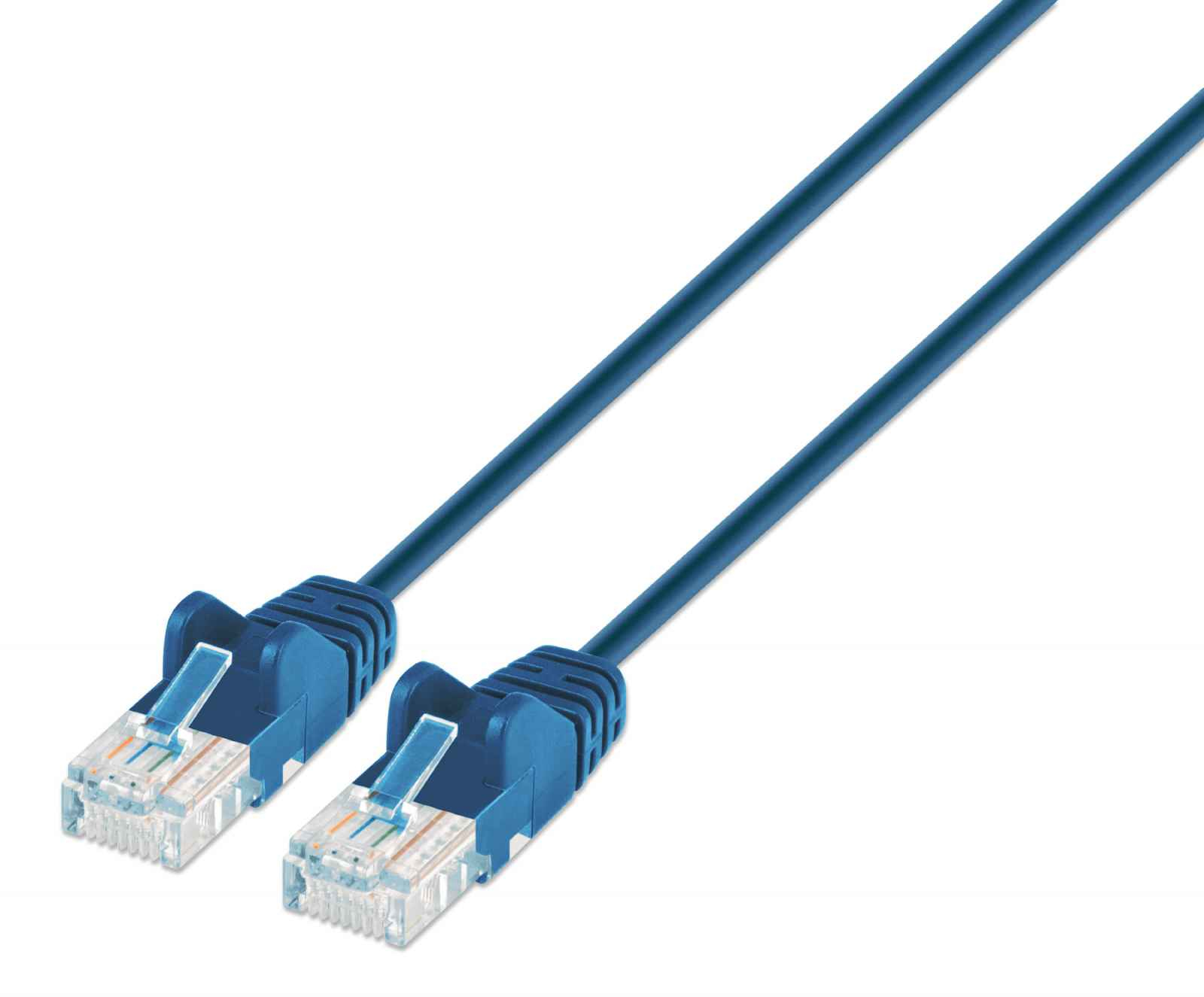 Due connettori per cavi di rete blu su sfondo bianco. Hanno connettori e cavi blu.