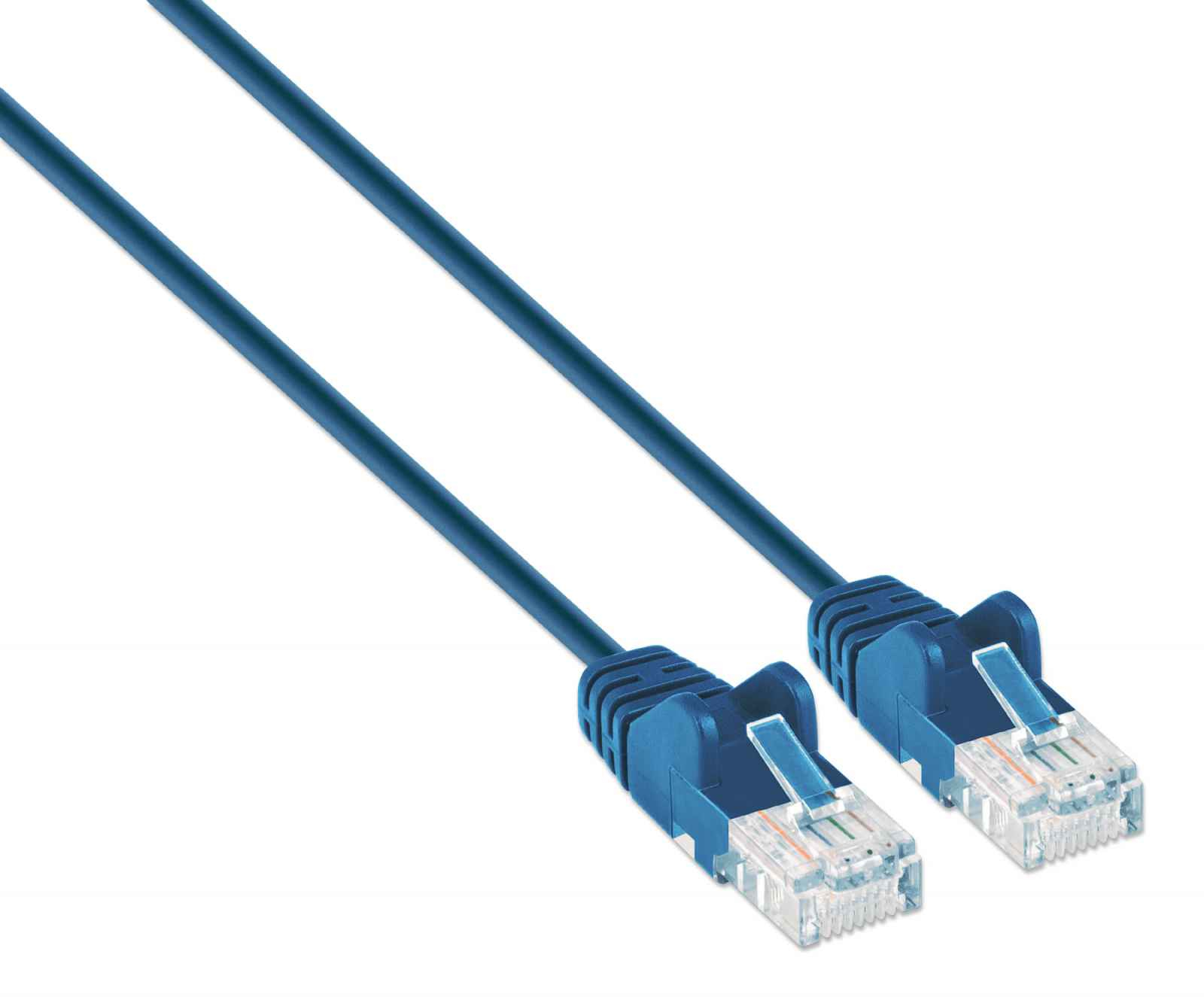 Due cavi di rete blu con connettori RJ45 su sfondo bianco.