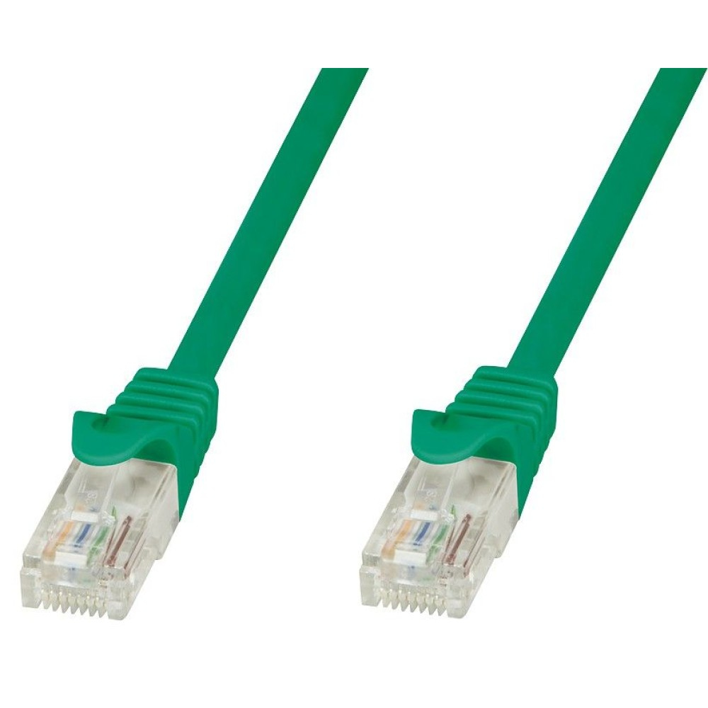 Due connettori per cavi Ethernet verdi con clip trasparenti, isolati su sfondo bianco.