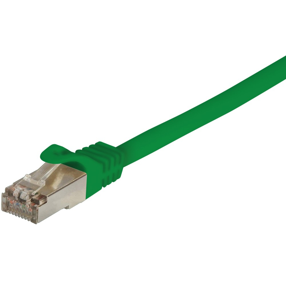 Cavo di rete RJ45 verde con connettore. Sfondo bianco.