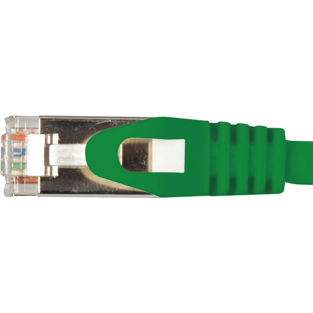 Connettore per cavo di rete verde su sfondo bianco.