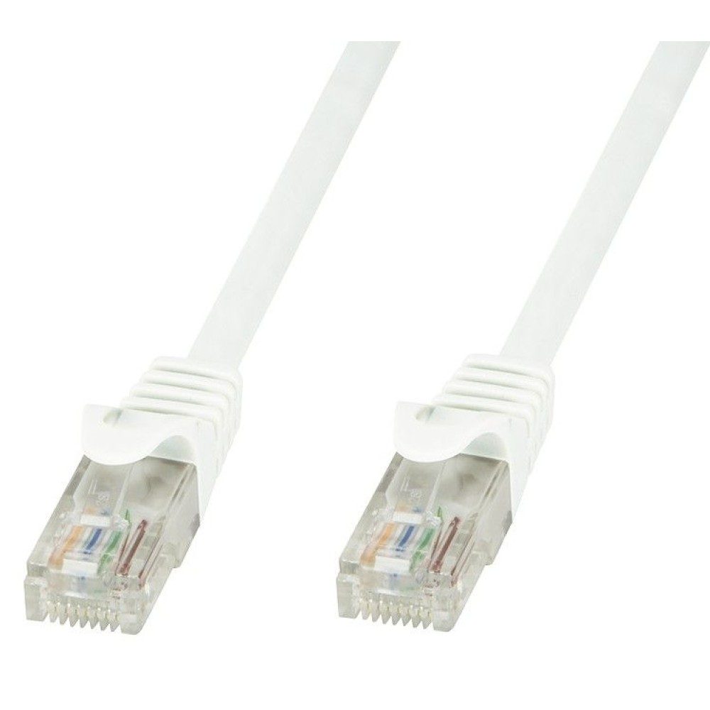 Due cavi di rete RJ45 bianchi con connettori trasparenti.