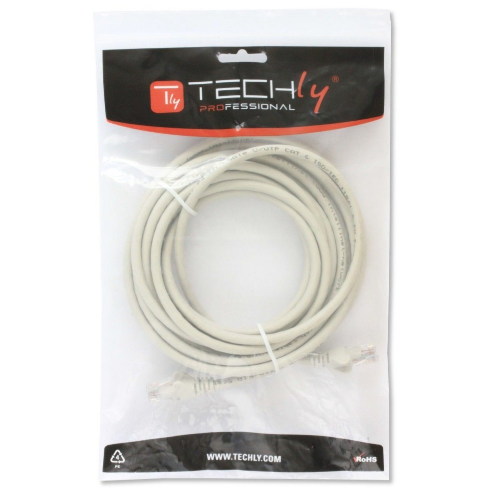 Un pacchetto a marchio Techly con un cavo Ethernet grigio arrotolato all'interno.