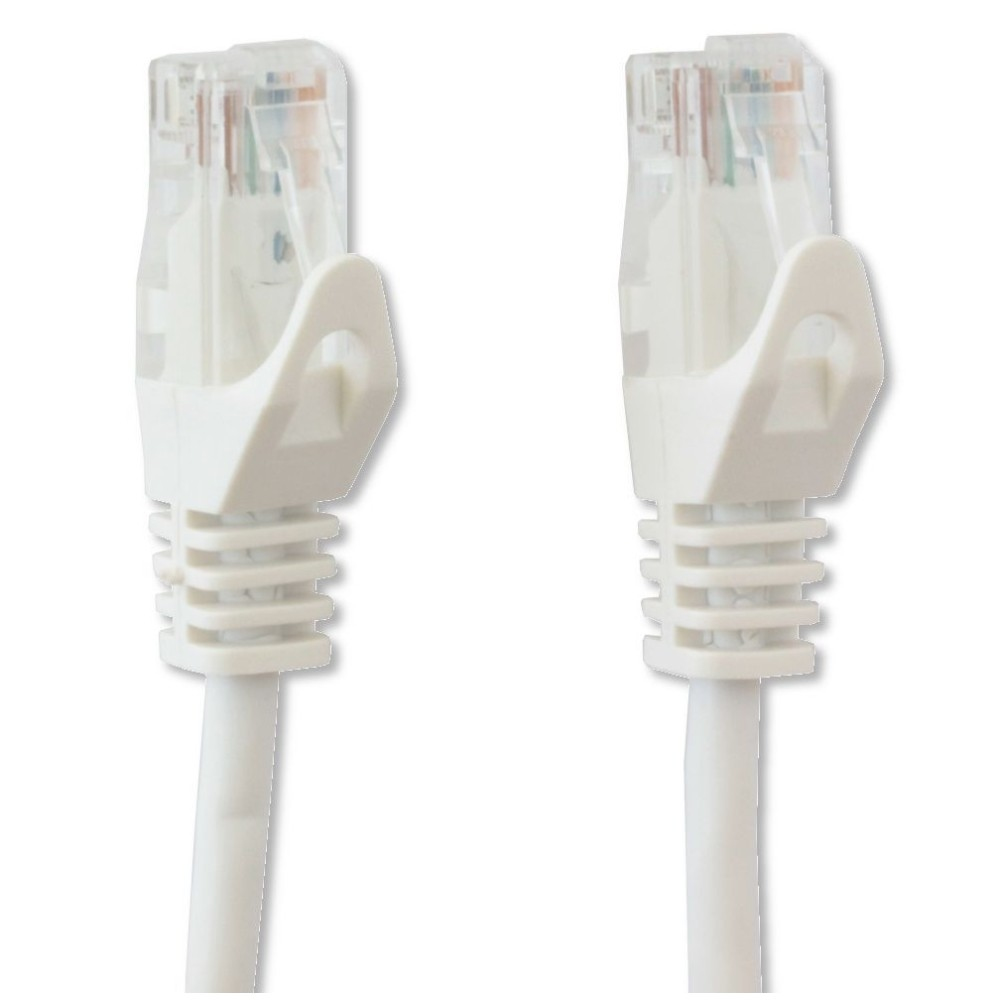Due cavi di rete RJ45 bianchi con connettori. Sfondo bianco.