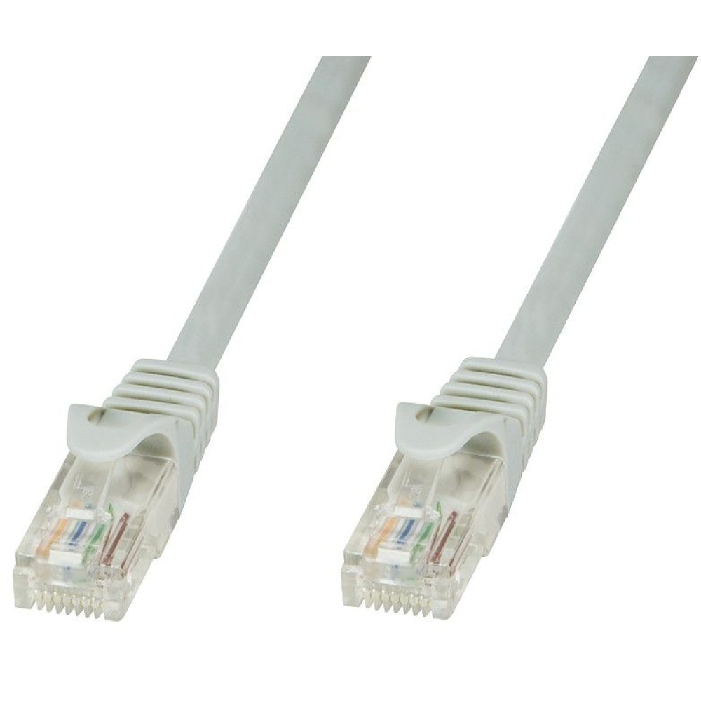 Due cavi di rete RJ45 grigi con connettori. Sfondo bianco.