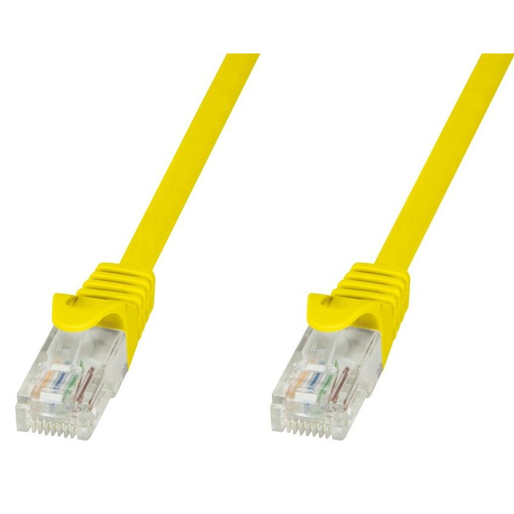 Due cavi Ethernet gialli con connettori trasparenti, isolati su sfondo bianco.
