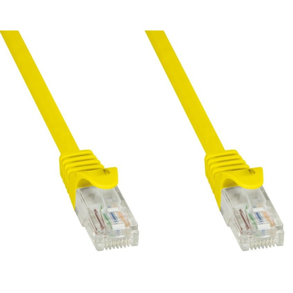 Due cavi Ethernet gialli con connettori trasparenti, isolati su sfondo bianco.