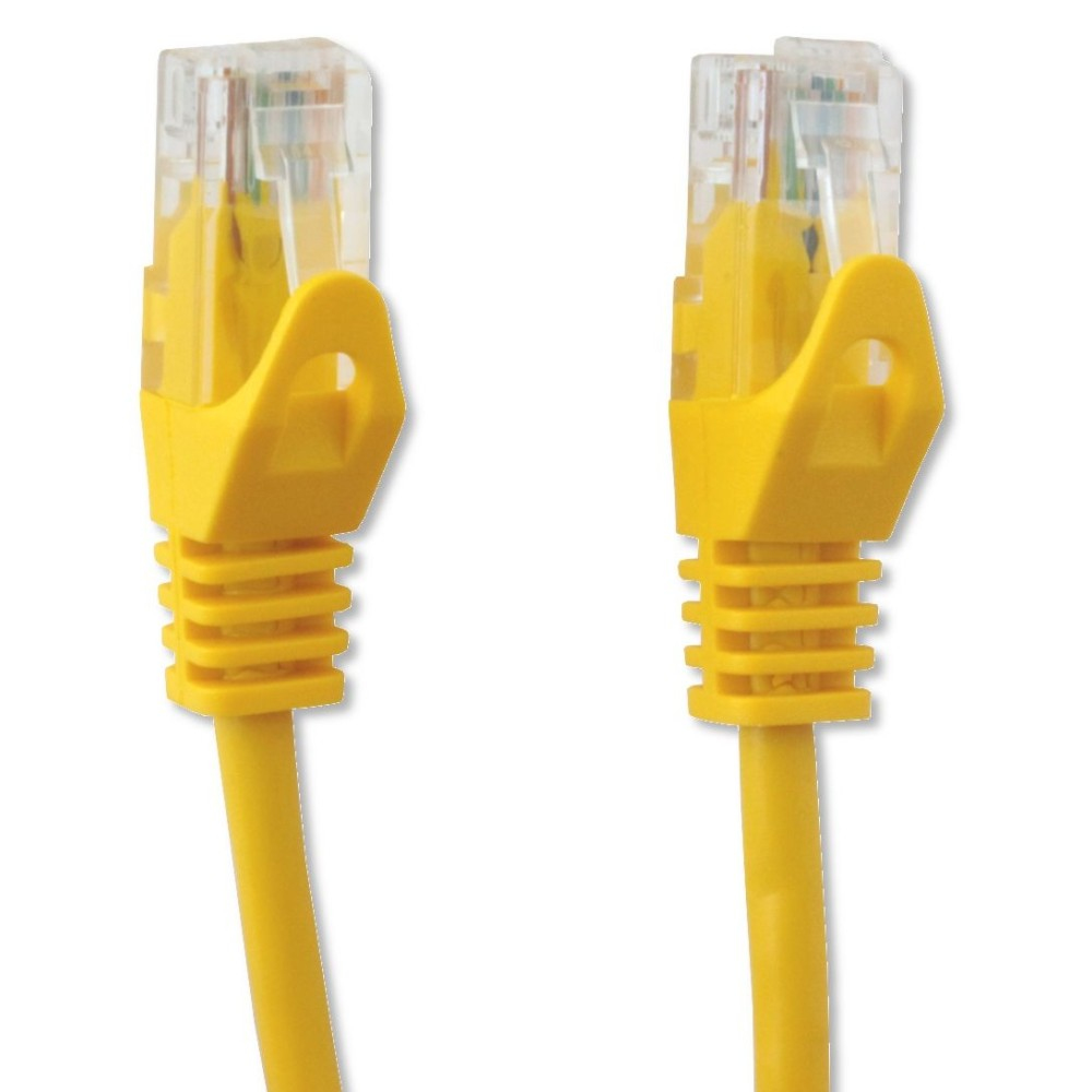 Due cavi Ethernet gialli con connettori trasparenti. Sfondo bianco.