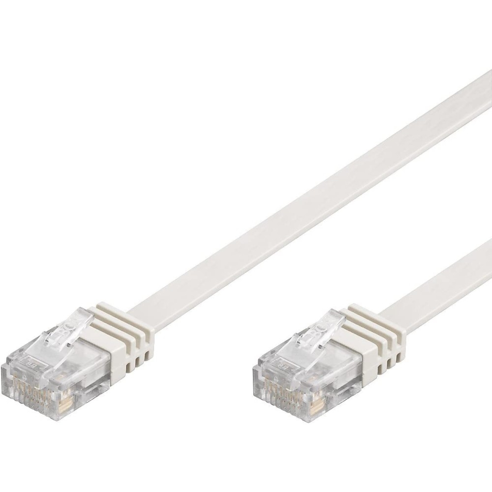 Due cavi Ethernet piatti bianchi con connettori trasparenti, isolati su sfondo bianco.