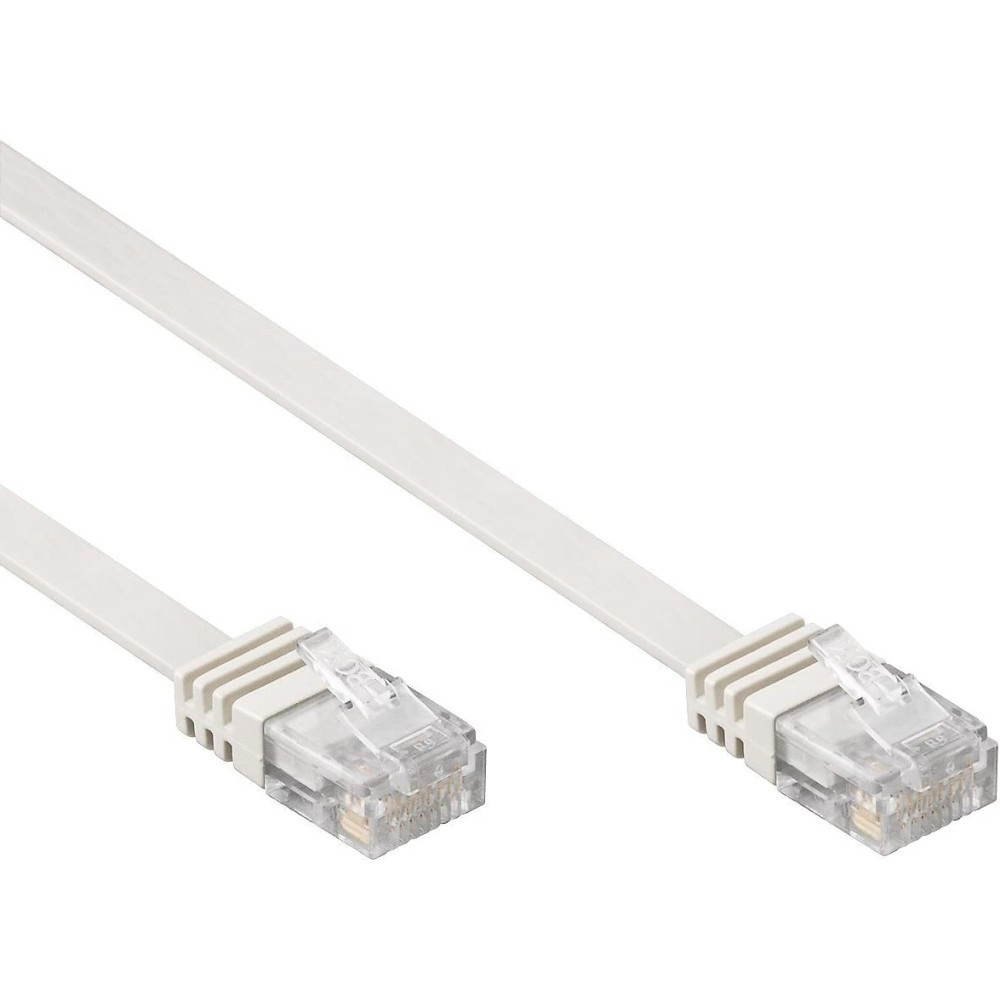 Due cavi Ethernet piatti bianchi con connettori. Sfondo bianco.