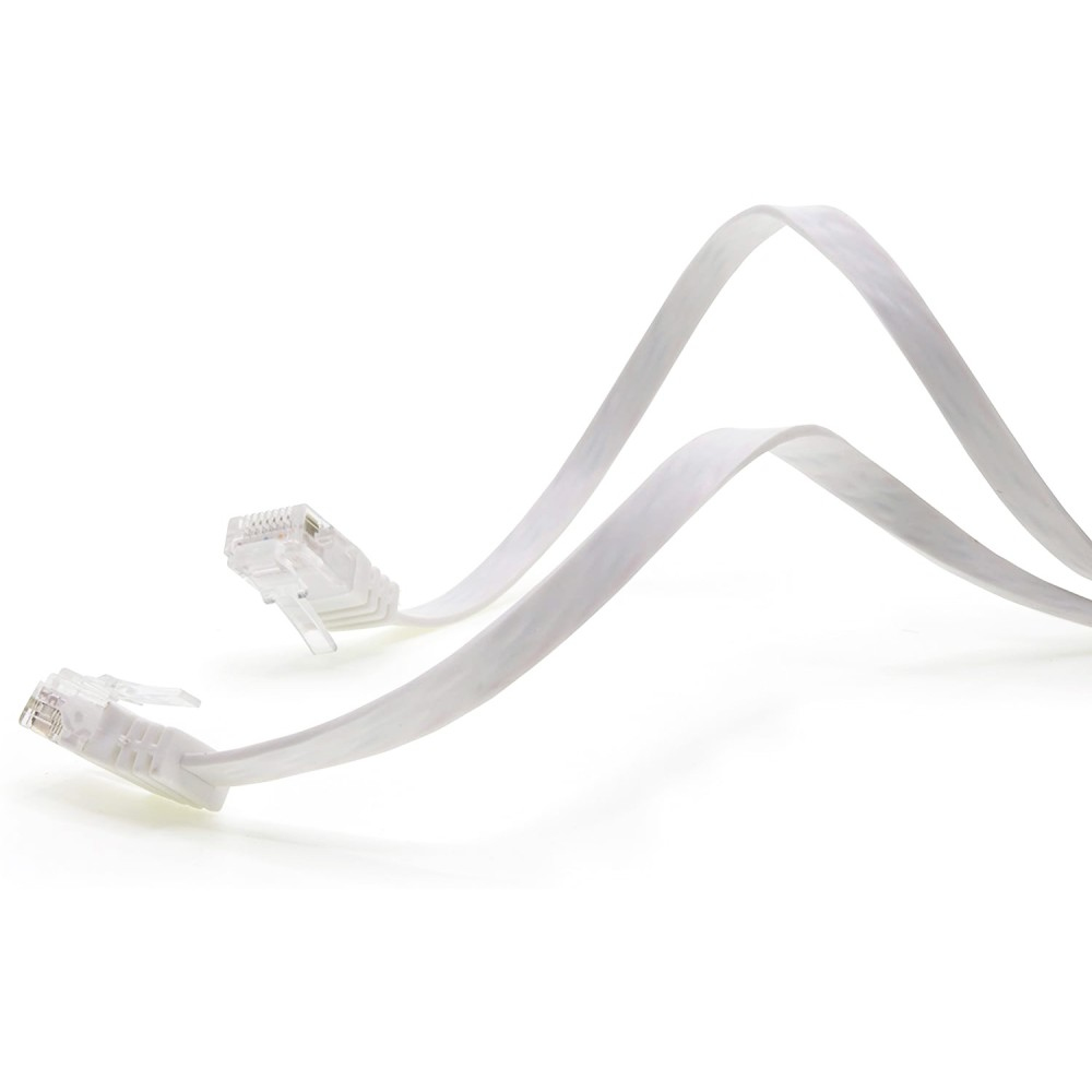 Due cavi Ethernet piatti bianchi con connettori trasparenti, isolati su sfondo bianco.