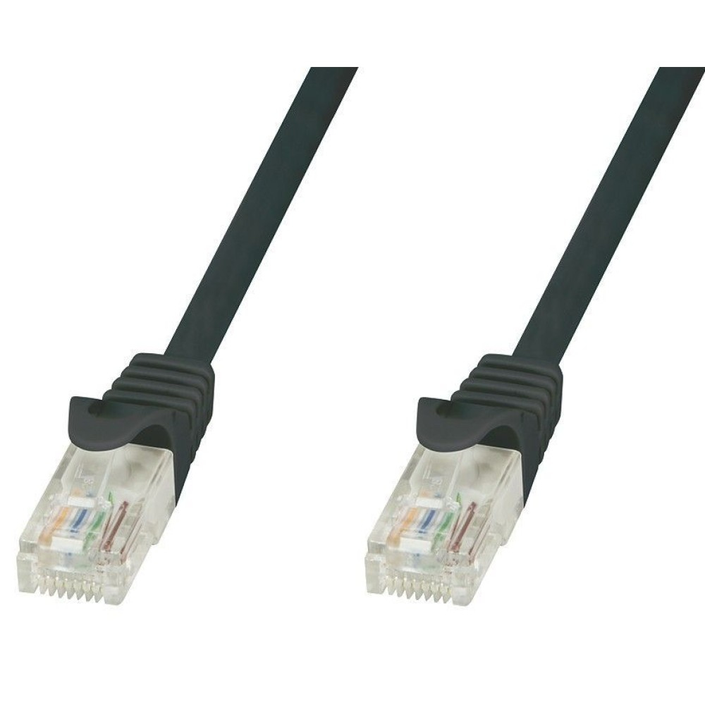Due cavi Ethernet neri con connettori. I connettori sono trasparenti.