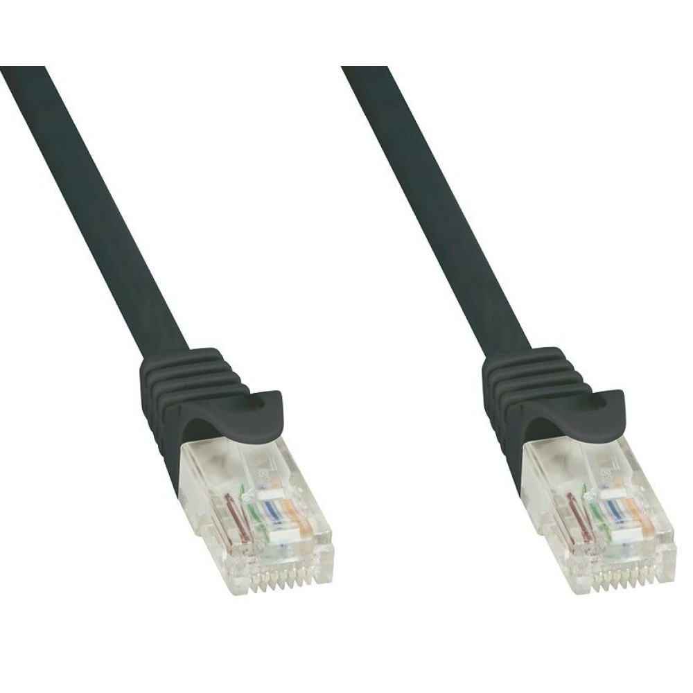 Due cavi Ethernet neri con connettori trasparenti, isolati su sfondo bianco.