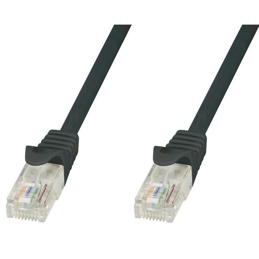 Due cavi Ethernet neri con connettori trasparenti.