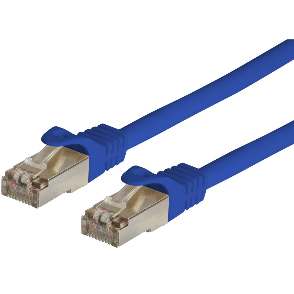 Due cavi Ethernet blu con connettori trasparenti.