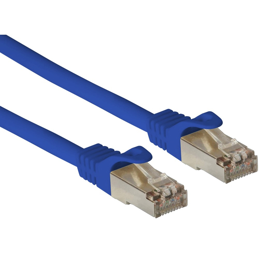 Due cavi Ethernet blu con connettori trasparenti, schermatura metallica, sfondo bianco.