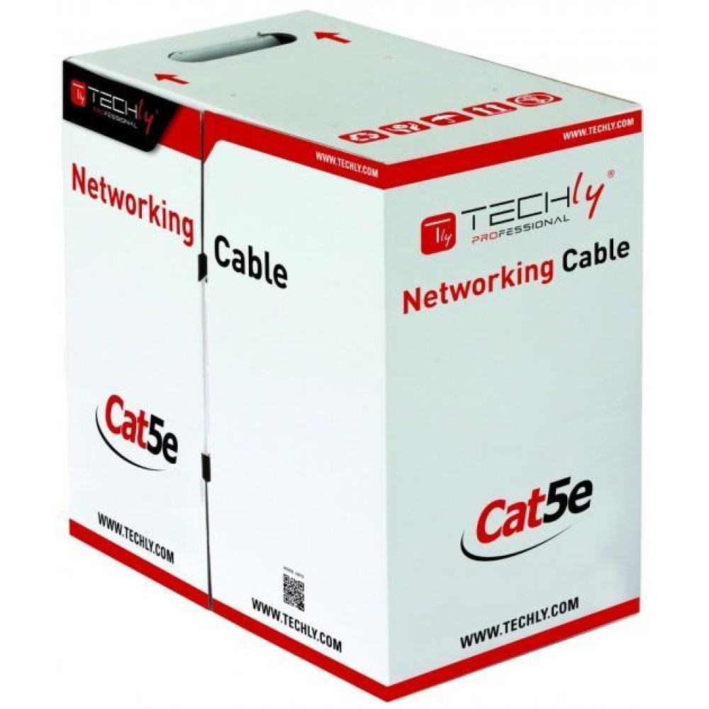 Una scatola bianca e rossa con le parole "Networking Cable Cat5e" stampate sopra.