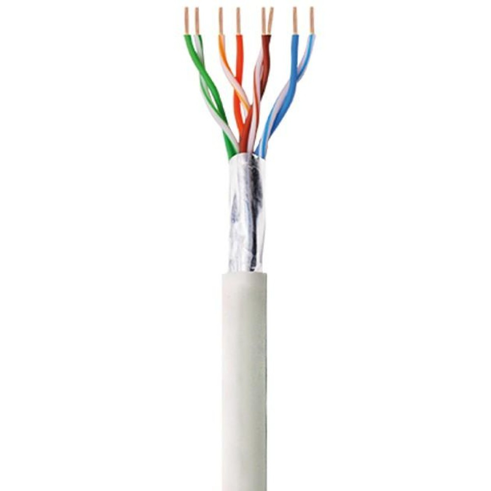 Witte kabel met gekleurde draden aan het einde, op witte achtergrond.