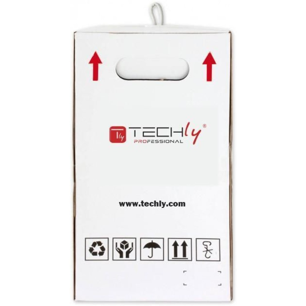 Boîte blanche avec logo Techly, flèches et symboles sur fond blanc.