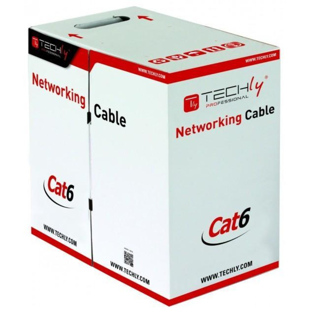 Boîte blanche et rouge de câble réseau, étiquetée Cat6, sur fond blanc.