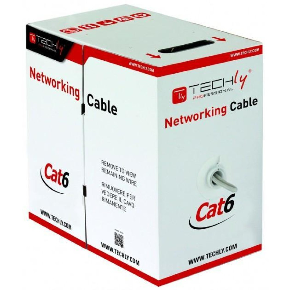 Boîte de câble réseau Techly, étiquette Cat6, fond blanc.