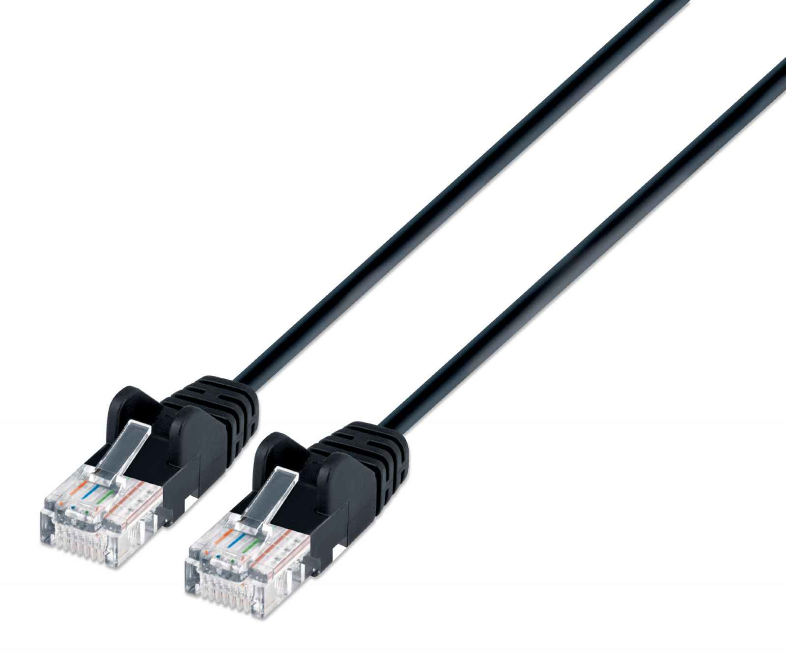 Due cavi Ethernet neri con connettori trasparenti, sfondo bianco.