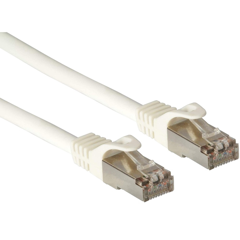Due connettori per cavi Ethernet bianchi su sfondo bianco con schermatura metallica.