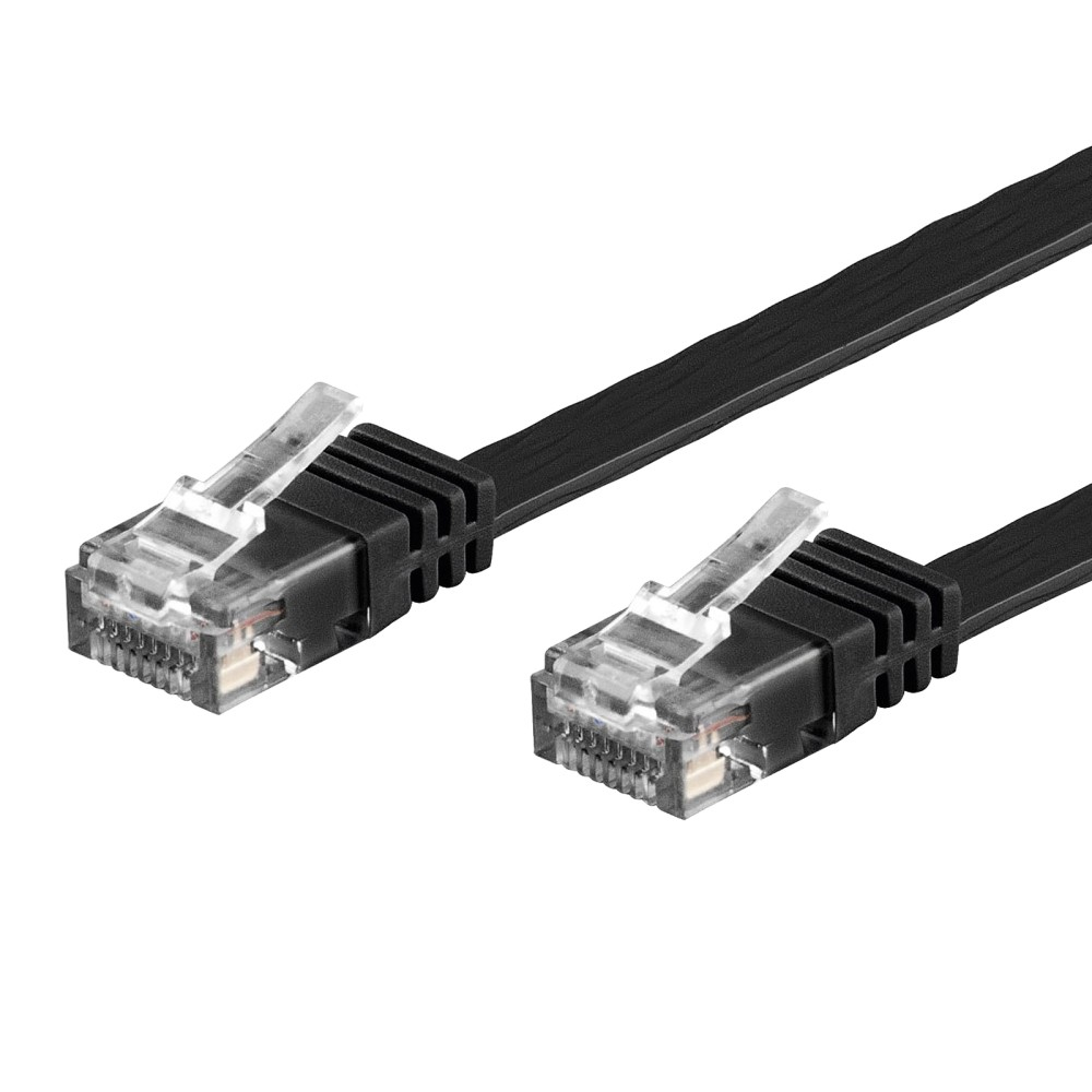 Due cavi ethernet piatti neri con connettori trasparenti.
