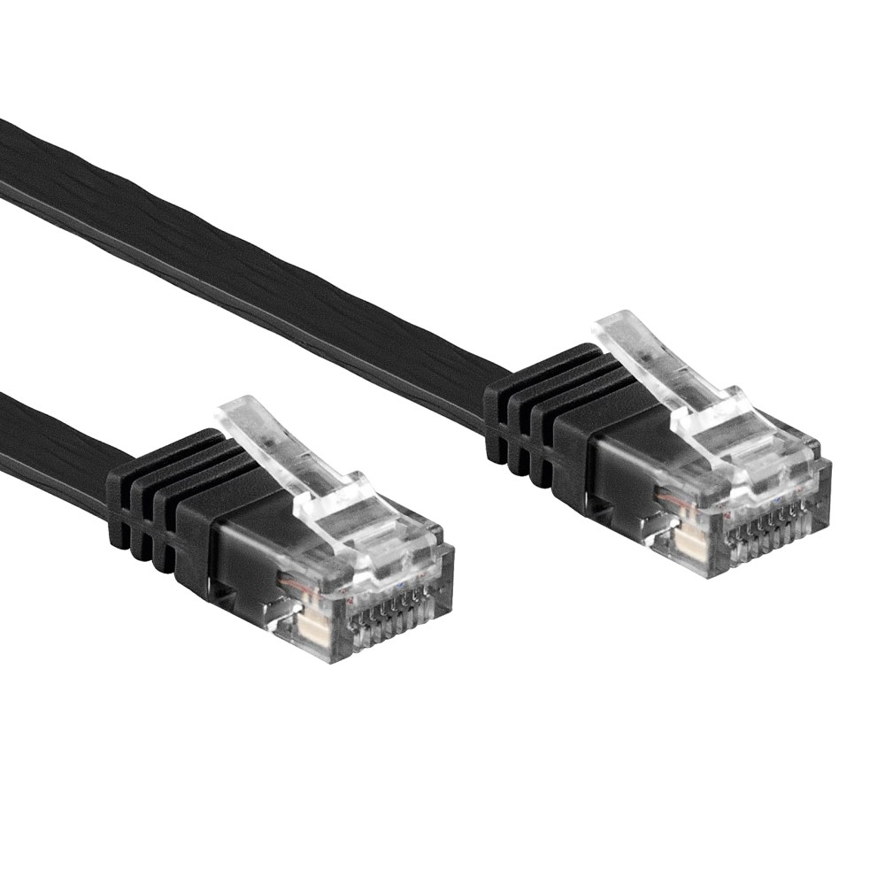 Due cavi Ethernet piatti neri con connettori trasparenti su sfondo bianco.
