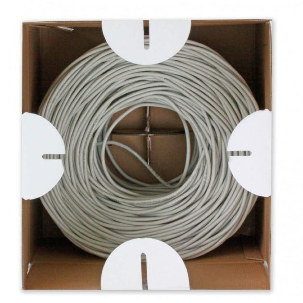 Cavo Ethernet grigio arrotolato in una scatola di cartone, con divisori bianchi.