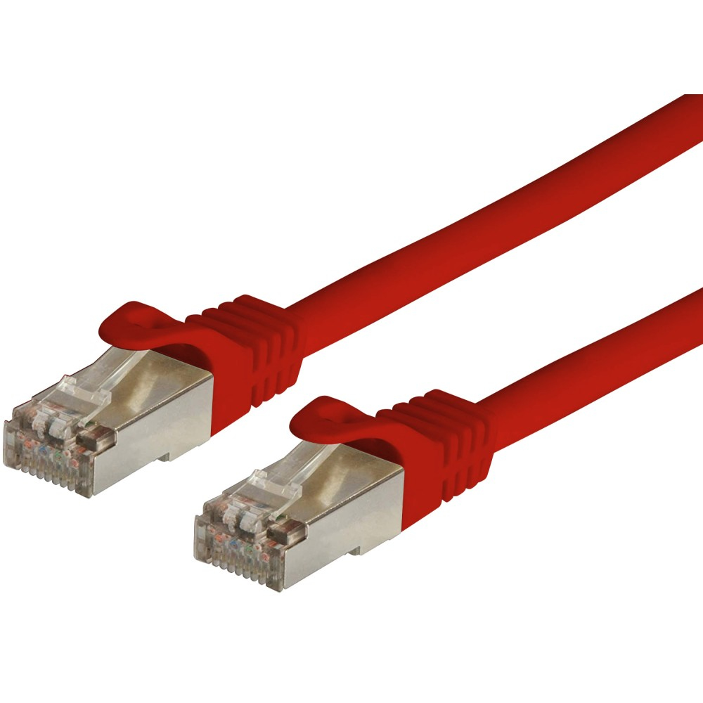 Due connettori per cavi Ethernet rossi con clip trasparenti, isolati su bianco.