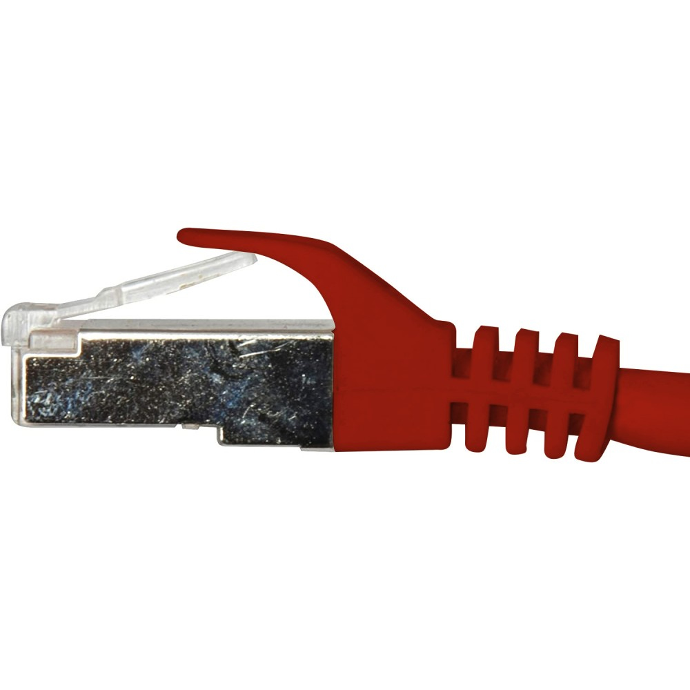 Connettore per cavo Ethernet rosso, plastica trasparente e metallo, sfondo bianco.