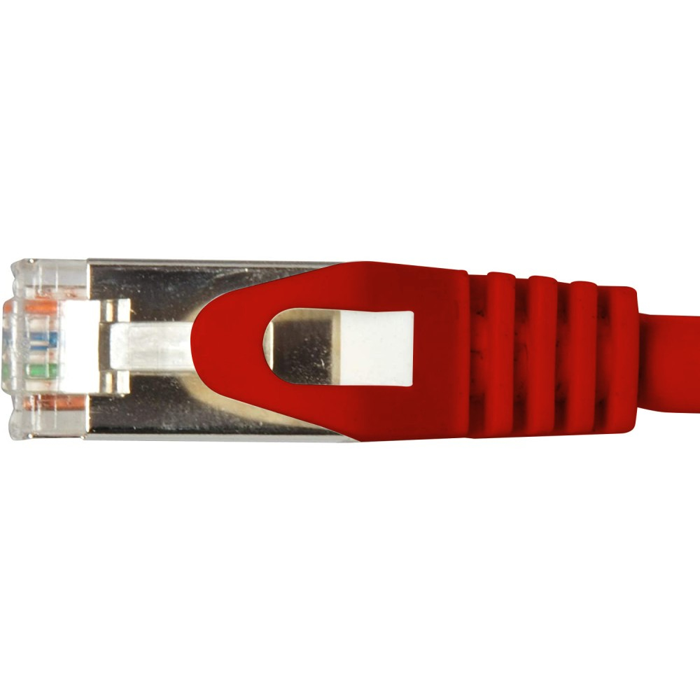 Un connettore per cavo Ethernet rosso su sfondo bianco.