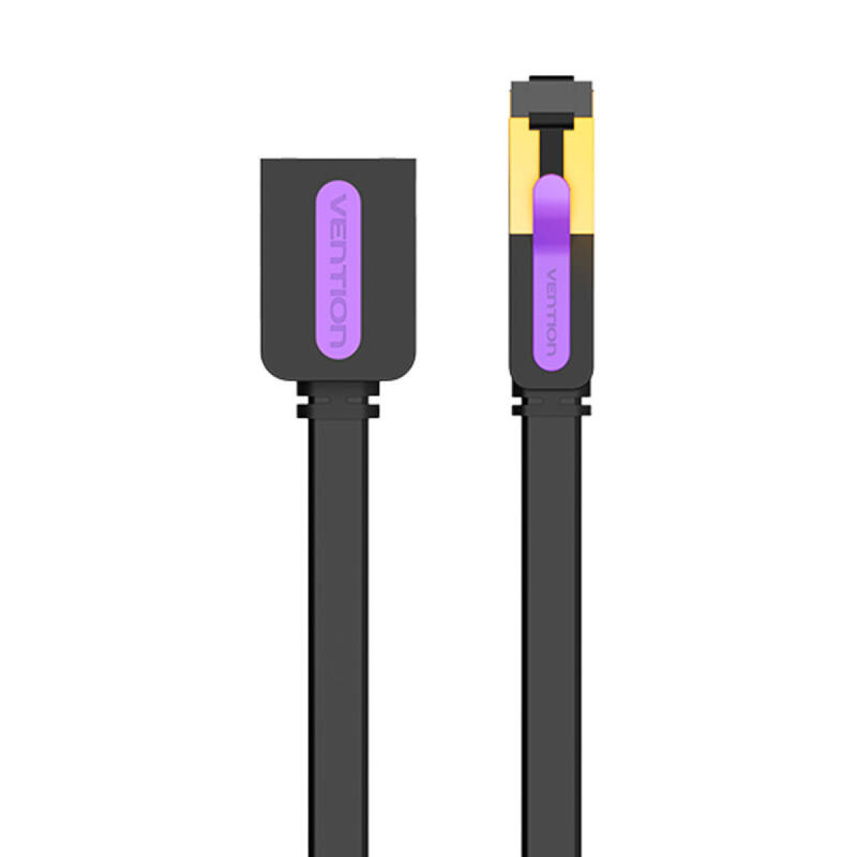 Black ethernet cable with purple logo. The connector is yellow and purple. White background.