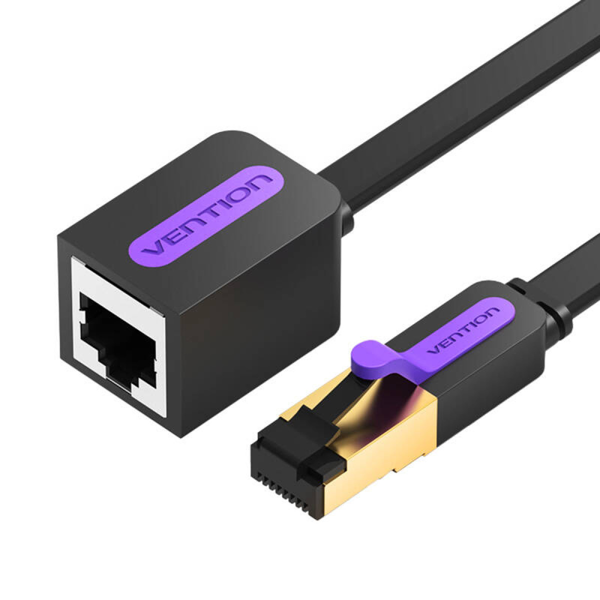 Black ethernet cable with purple logo. Ethernet connector with gold metal and purple. White background.