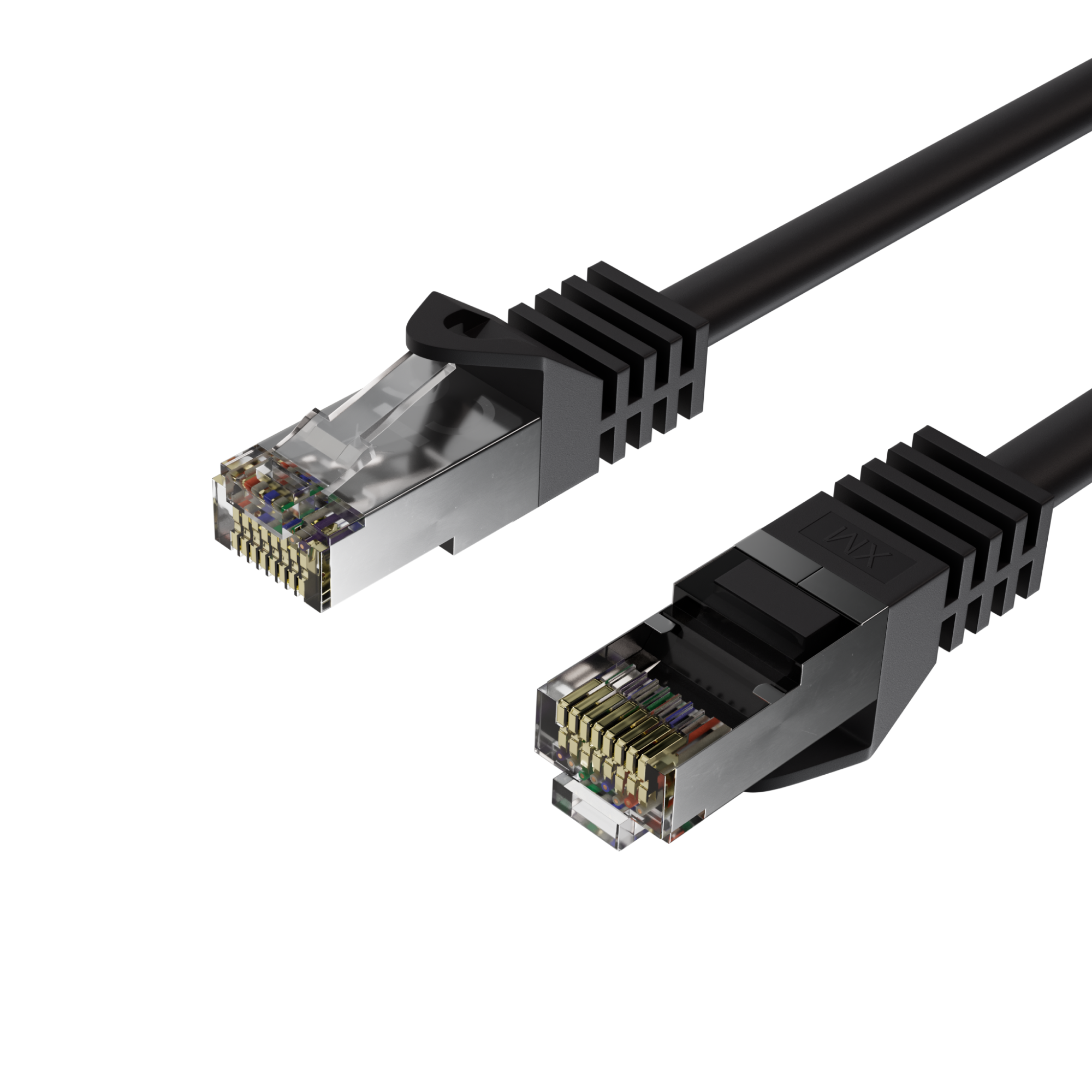 Zwei Ethernet-Stecker an einem schwarzen Kabel, Nahaufnahme vor weißem Hintergrund.